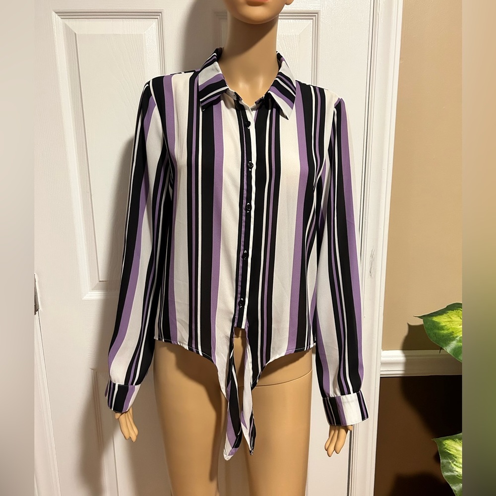 Timing Long Sleeve Purple Striped Blouse w/Tie Front ~ 100% Polyester ~ Size L